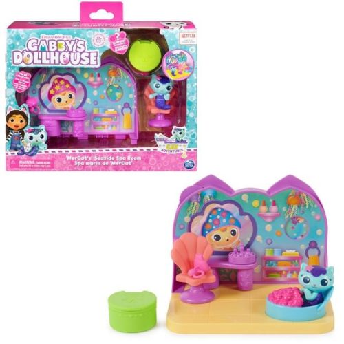 Gabby's Dollhouse Deluxe Room Spielset, Wellness Raum mit Meerkätzchen (engl. MerCat), Möbelstücken und thematischem Zubehör
