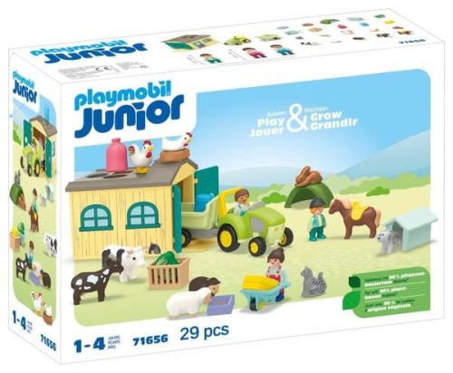 PLAYMOBIL, 71656 Junior: Bauernhof-Abenteuer mit Traktor, Anhänger und tierischen Freunden, Konstruktionsspielzeug