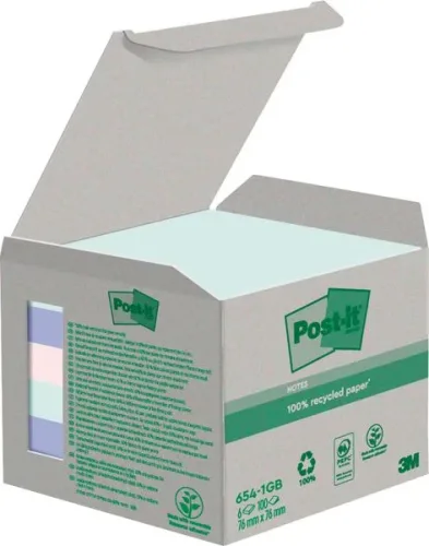Post-it, POST-IT Haftnotizen Recycling 76x76mm 654-1GB rainbow 6x100 Blatt