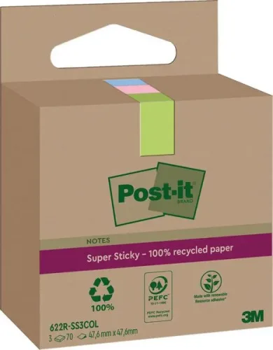 Post-it, POST-IT SuperSticky Notes 47.6x47.6mm 622 RSS3COL Recycling,assort. 3x70 Blatt