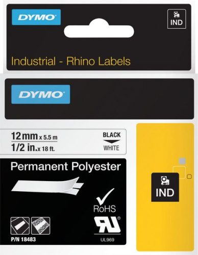 DYMO, Dymo IND S0718210 / 18483 Authentic Rhino Polyester Schriftband Selbstklebend Schwarzer Druck auf Weiss 12 mm x 5.5m
