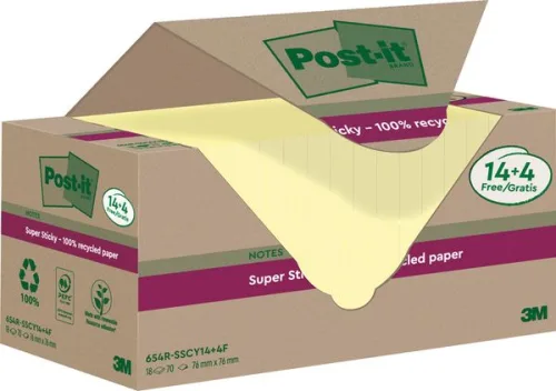 Post-it, POST-IT SuperSticky Notes 76x76mm 654 RSSCY 14+4F Recycling, gelb 18x70 Blatt
