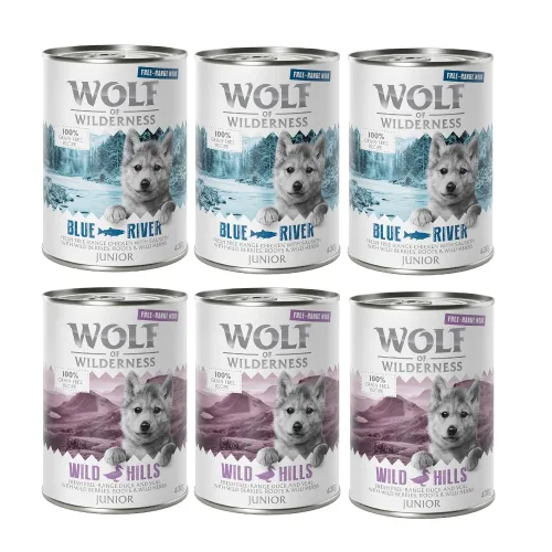 Wolf of Wilderness, Sparpaket Wolf of Wilderness Junior 24 x 400 g - Duo-Protein - Wild Hills - Ente & Kalb