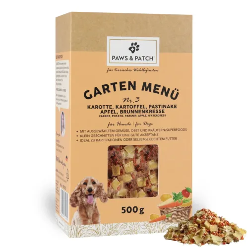 Paws & Patch, Paws & Patch Garten Menü 3 - Karotte, Kartoffel, Pastinake, Apfel, Brunnenkresse - Hundefutter (500g)