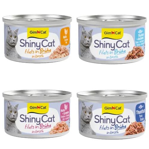 Gimcat, Sparpaket GimCat ShinyCat Filet in Brühe 12 x 70 g - Huhn & Garnelen