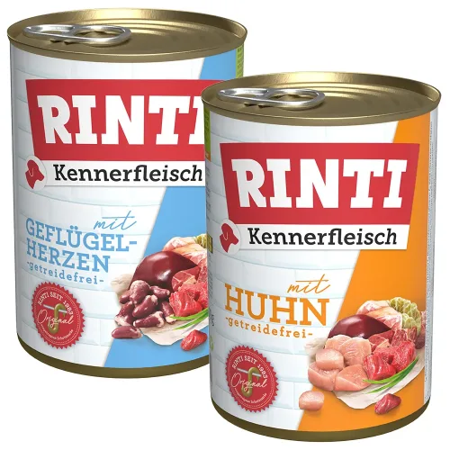 Rinti, RINTI Kennerfleisch 6 x 400 g + Filetto Pouch in Jelly mit Ente & Gemüse 100 g gratis! - Geflügelherzen