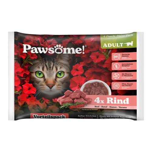 Pawsome, Pawsome Nassfutter Katze, Adult, Flowpack Rind 4x85 g