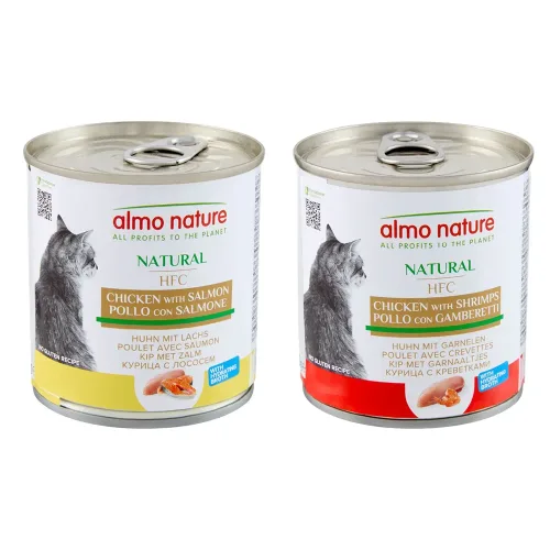 Sparpaket Almo Nature HFC Natural 12 x 280 g - Mixpaket 2 (Huhn & Lachs, Huhn & Garnelen)