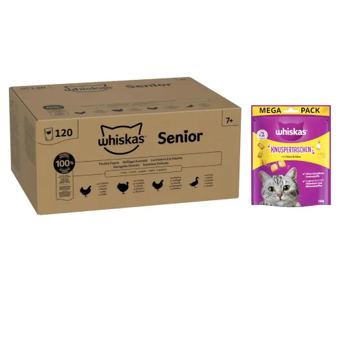 Whiskas Megapack Nassfutter + Knuspertaschen mit Huhn und Käse 180 g gratis! - Senior Geflügel Auswahl in Gelee 120 x 85 g