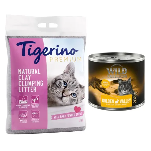 Tigerino, Kombi-Paket: Tigerino Premium Katzenstreu 2 x 12?kg + Wild Freedom Trocken- & Nassfutter - Babypuderduft + Wide Country - Huhn pur - 200 g Nassfutter