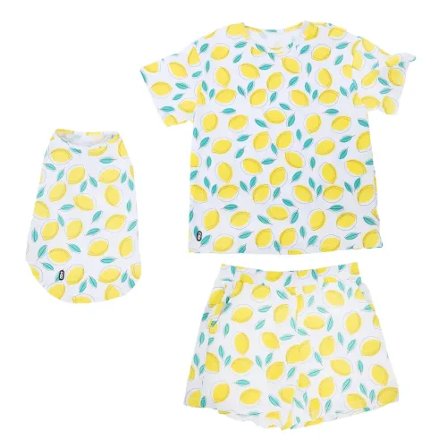 TIAKI Pet & Parent Pyjama im Partnerlook, Zitrone - Pyjama für Hundeeltern Größe S + passendes Hundeshirt Rückenlänge 40 cm