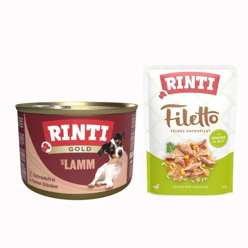 RINTI Gold 12 x 185 g + Filetto Pouch in Jelly mit Ente & Gemüse 100 g gratis! - Lammstückchen