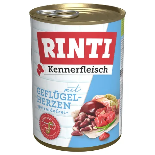 Rinti, RINTI Kennerfleisch 6 x 400 g + Filetto Pouch in Jelly mit Ente & Gemüse 100 g gratis! - Geflügelherzen