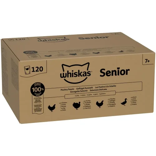 whiskas, Whiskas Megapack Nassfutter + Knuspertaschen mit Huhn und Käse 180 g gratis! - Senior Geflügel Auswahl in Gelee 120 x 85 g