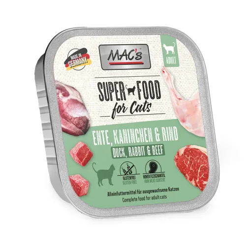 MACS, Sparpaket MAC's Cat Schale 32 x 100 g - Mix Huhn Pur & Ente, Kaninchen, Rind