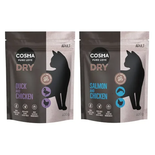 Kombi-Paket: Cosma Air-Dried Trockenfutter - Ente & Huhn (400 g) + Lachs & Huhn (400 g)