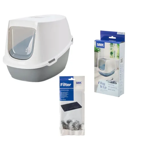 Savic Katzentoilette Robin Jumbo - Toilette hellgrau/weiss + 2 extra Filter + 6 Bag it up