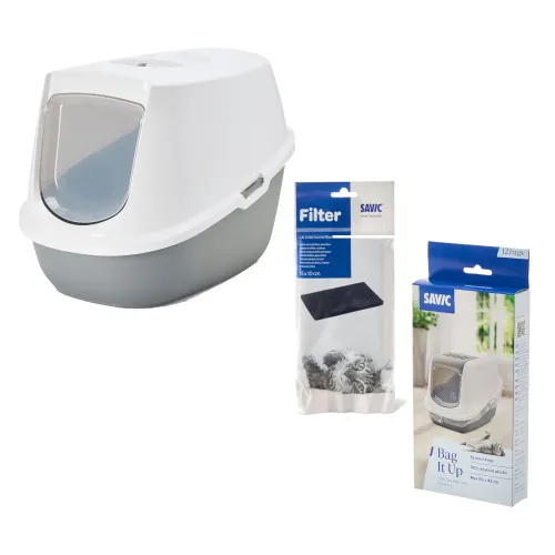 Savic Katzentoilette Robin - Starterset: Toilette hellgrau/weiss + 2 Filter + 12 Bag it up