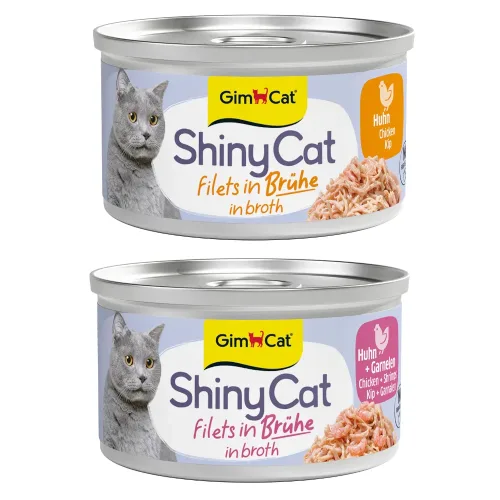 Gimcat, Sparpaket GimCat ShinyCat Filet in Brühe 12 x 70 g - Huhn & Garnelen