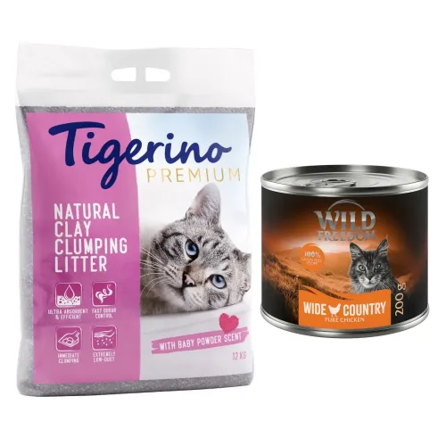 Kombi-Paket: Tigerino Premium Katzenstreu 2 x 12?kg + Wild Freedom Trocken- & Nassfutter - Babypuderduft + Wide Country - Huhn pur - 200 g Nassfutter