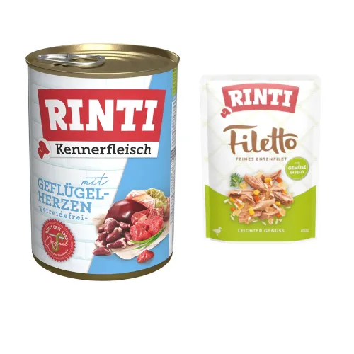 RINTI Kennerfleisch 6 x 400 g + Filetto Pouch in Jelly mit Ente & Gemüse 100 g gratis! - Geflügelherzen