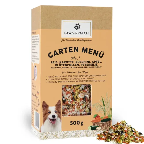 Paws & Patch, Paws & Patch Garten Menü 1 - Reis, Karotte, Zucchini, Apfel, Blütenpollen, Petersilie - Hundefutter (500g)