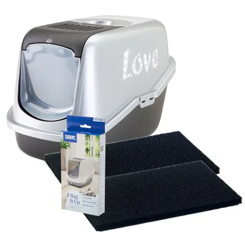 Savic, Savic Katzentoilette Nestor Impression "Love" - schwarz / silber mit "Love" Druck