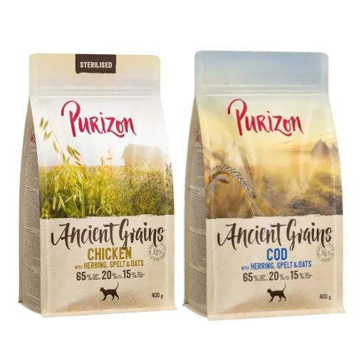Probiermix Purizon 2 x 400 g - Urgetreide-Mix: Adult Kabeljau + Sterilised Huhn mit Fisch