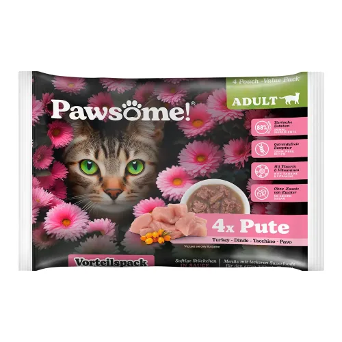Pawsome, Pawsome Nassfutter Katze, Adult, Flowpack Rind 4x85 g