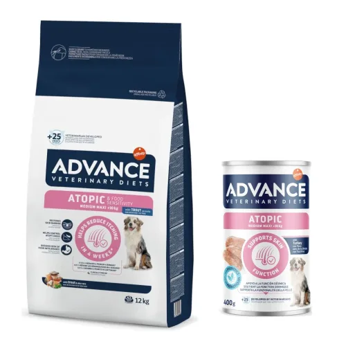 Advance Veterinary Diets 10 g / 12 kg + passendes Nassfutter 400 g gratis! - Atopic mit Forelle 12 kg + Atopic Medium/Maxi 400 g