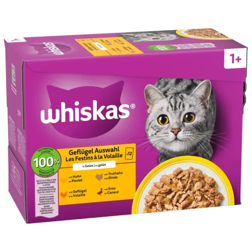 whiskas, Jumbopack Whiskas 1+ Adult Frischebeutel 144 x 85 g - Geflügelauswahl in Gelee
