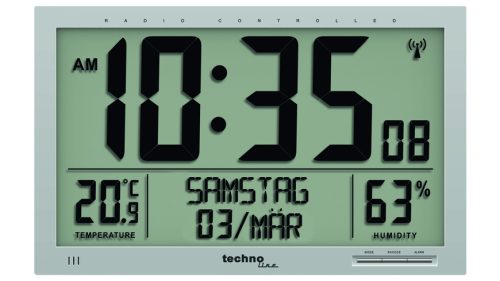 Techno Line, Techno Line WS 8013 Funk Wanduhr 36.9 cm x 22.9 cm x 2.4 cm Silber Großes Display