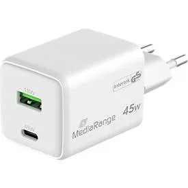 MediaRange, Dual Schnellladeadapter, GaN, 1x USB-C und USB-A, PD & QC, 45 Watt, weiss