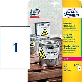AVERY Zweckform, AVERY ZWECKFORM Laser-Etiketten 210x297mm L4775-20 weiss,wetterfest 20 St./20 Bl.