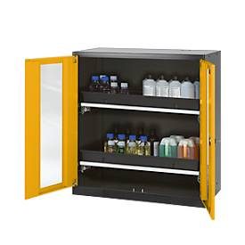 Chemikalienschrank, Flügeltür m. Glasauschnitt, 2 Auszugswannen, 1055x520x1105 mm, sicherheitsgelb