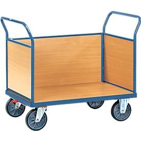 fetra® Plattformwagen, 3-seitig mit Holzwänden, Ladefläche BxT 700 x 1.000 mm, mit Zentralbremse
