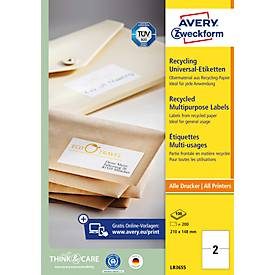 AVERY Zweckform, AVERY Zweckform Universaletiketten LR3655 Selbsthaftend A4 Weiss 210 x 148 mm Recycelt 100% 100 Blatt à 2 Etiketten