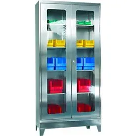 Edelstahl-Vitrinenschrank, 2-türig, 4 Einlegeböden, mit Füssen, B 1000 x T 400 x H 1950 mm