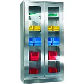 Reinsch, Edelstahl-Vitrinenschrank, 2-türig, 4 Einlegeböden, mit Füssen, B 1000 x T 400 x H 1950 mm