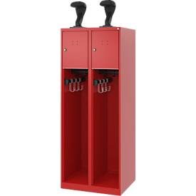 Feuerwehrspind C+P Evolo Youngster, 2 Abteile, mit Helmhalter, Bodengleiter, B 600 x T 500 x H 1530 mm, RAL 3000 Feuerrot