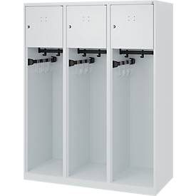 Feuerwehrspind C+P Evolo Youngster, 3 Abteile, ohne Helmhalter, Bodengleiter, B 1200 x T 500 x H 1530 mm, RAL 7035 Lichtgrau