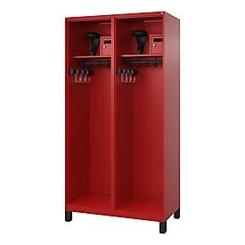 Feuerwehrspind C+P Evolo Flexo, 2 Abteile, Helmhalter, mit Füssen, B 1000 x T 500 x H 1950 mm, RAL 3000 Feuerrot/RAL 7021 Schwarzgrau