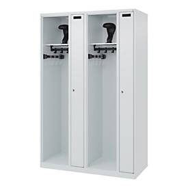 Feuerwehrspind C+P Evolo Kombi, 4 Abteile für 2 Personen, mit Helmhalter, Bodengleiter, B 1200 x T 500 x H 1850 mm, RAL 7035 Lichtgrau