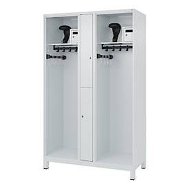 Feuerwehrspind C+P Evolo Maxi, 4 Abteile für 2 Personen, mit Helmhalter, mit Füssen, B 1200 x T 500 x H 1950 mm, RAL 7035 Lichtgrau