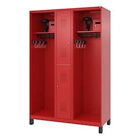 Feuerwehrspind C+P Evolo Maxi, 4 Abteile für 2 Personen, mit Helmhalter, mit Füssen, B 1300 x T 500 x H 1950 mm, RAL 3000 Feuerrot/RAL 7021 Schwarzgrau