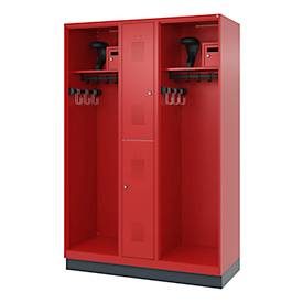Feuerwehrspind C+P Evolo Maxi, 4 Abteile für 2 Personen, mit Helmhalter, mit Sockel, B 1300 x T 500 x H 1950 mm, RAL 3000 Feuerrot/RAL 7016 Anthrazitgrau