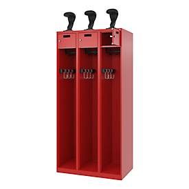Feuerwehrspind C+P Evolo PRAKTUS, 3 Abteile, Helmhalter, mit Sockel, Bodengleiter, B 900 x T 500 x H 1850 mm, RAL 3000 Feuerrot
