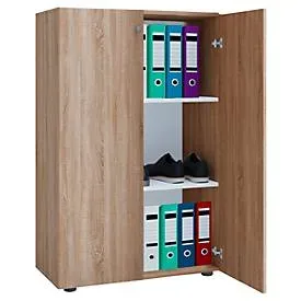 Flügeltürenschrank, aus Holz, 3 OH, Griffknöpfe, höhenverstellbare Fachböden, B 700 x T 400 x H 1050 mm, Sonoma Eiche