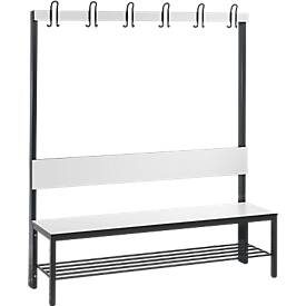 C+P Umkleidesitzbank Basic Plus, Länge 1.500 mm, einseitig, mit Rückenlehne, 6 Doppelhaken, inkl. Schuhrost, schwarzgrau/weiss