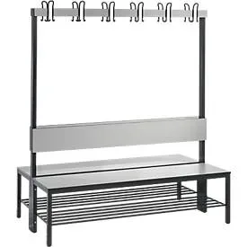 Garderobenbank Basic Plus, 2-seitig, Rückenlehne, mit Schuhrost, Fussgestell schwarzgrau RAL 7021, B 1500 mm, Dekor silbergrau